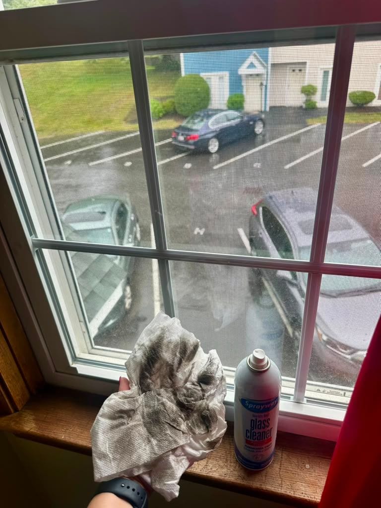 A cleaning cloth and glass cleaner on a sill beside a freshly cleaned window