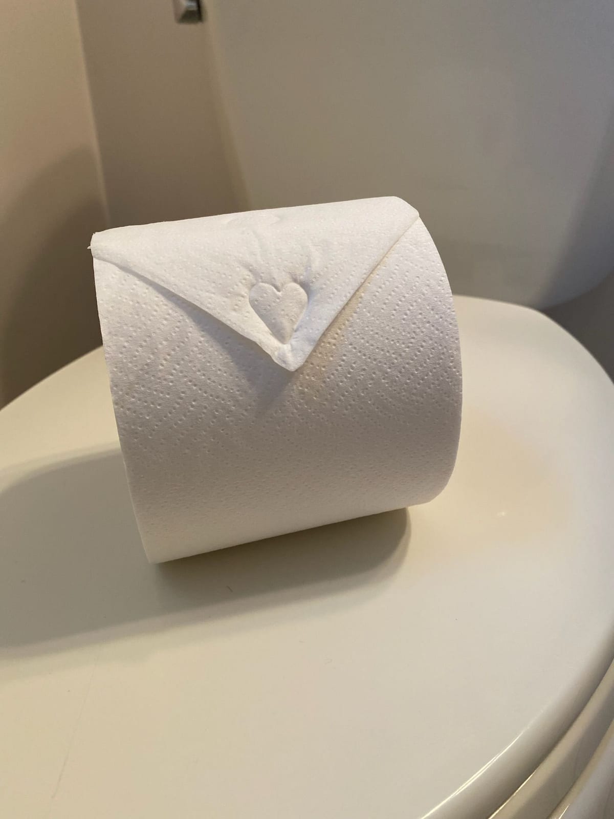 The end of a toilet paper roll folded into a point after the service